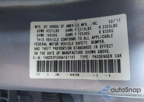 2017 Honda Accord Sport from USA, damaged, VIN 1HGCR2F59HA167143